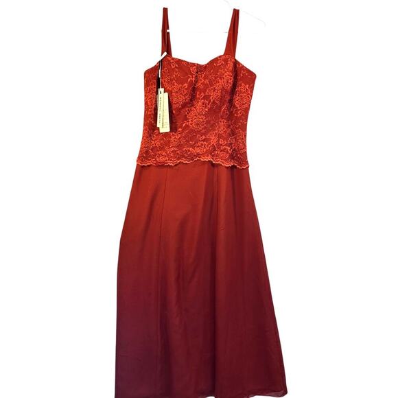 NWT Red Satin Strapless Wedding Prom Dress Lace and Sheer Overlay XS/S - Picture 1 of 11